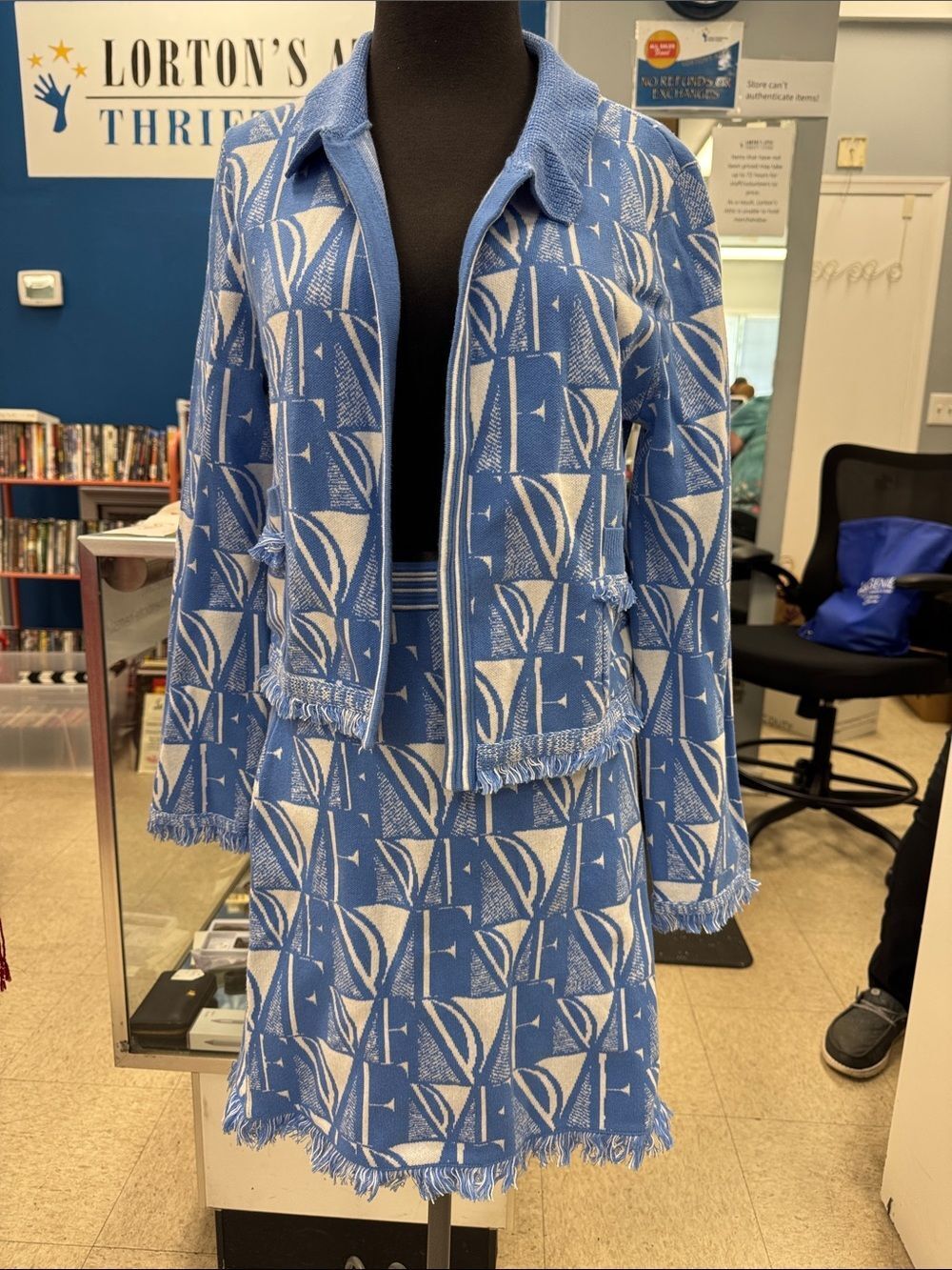 Diane Von Furstenberg Blue and White Geometric Tweed Jacket & Skirt Set
